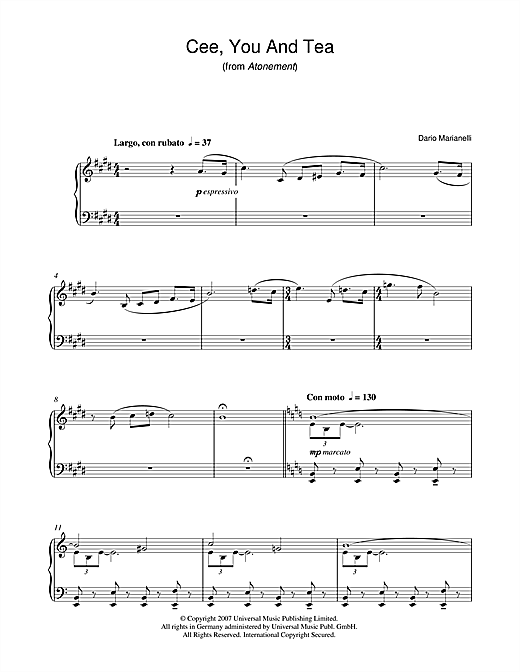 Learn to play Dario Marianelli Cee, You And Tea (from Atonement) sheet music for Piano Solo in minutes. Price: 7.8900$ Dario Marianelli Cee, You And Tea (from Atonement) sheet music notes and chords arranged for Piano Solo