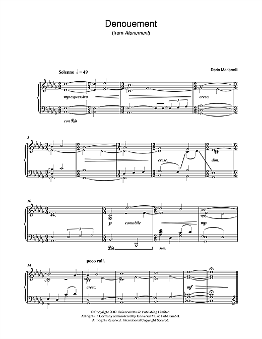 Learn to play Dario Marianelli Denouement (from Atonement) sheet music for Piano Solo in minutes. Price: 7.8900$ Dario Marianelli Denouement (from Atonement) sheet music notes and chords arranged for Piano Solo