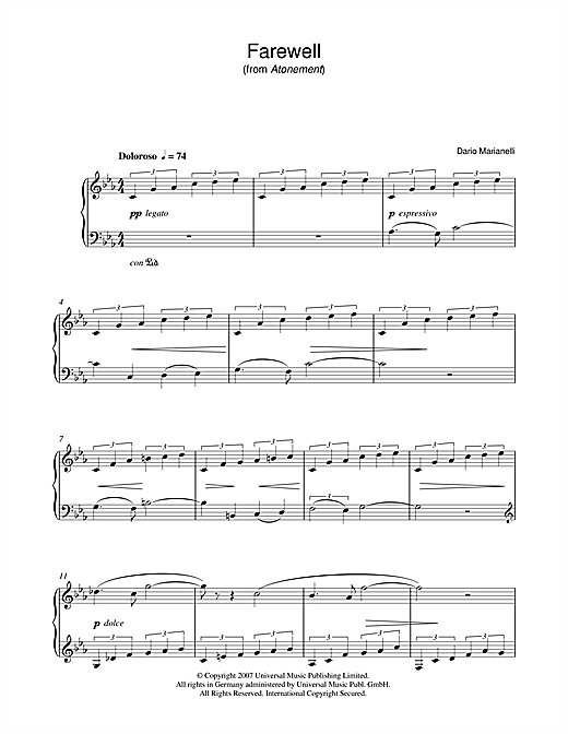 Learn to play Dario Marianelli Farewell (from Atonement) sheet music for Piano Solo in minutes. Price: 7.8900$ Dario Marianelli Farewell (from Atonement) sheet music notes and chords arranged for Piano Solo