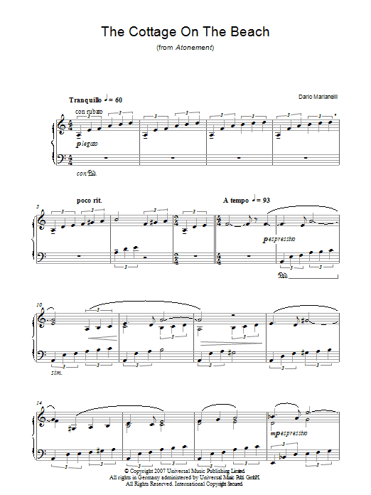 Learn to play Dario Marianelli The Cottage On The Beach (from Atonement) sheet music for Piano Solo in minutes. Dario Marianelli The Cottage On The Beach (from Atonement) sheet music notes and chords. Download Printable PDF.