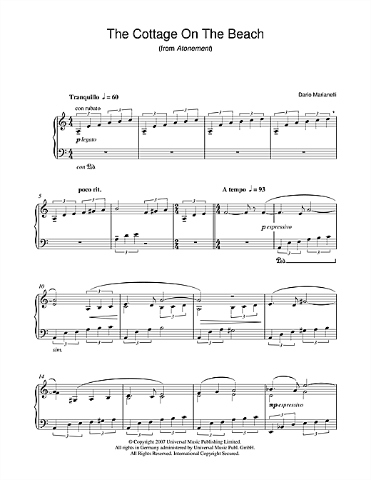 Learn to play Dario Marianelli The Cottage On The Beach (from Atonement) sheet music for Piano Solo in minutes. Price: 7.8900$ Dario Marianelli The Cottage On The Beach (from Atonement) sheet music notes and chords arranged for Piano Solo