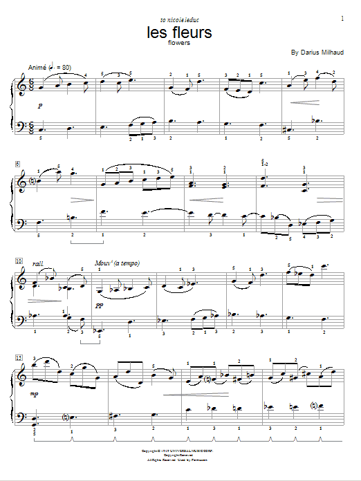 Darius Milhaud Flowers sheet music notes and chords. Download Printable PDF.