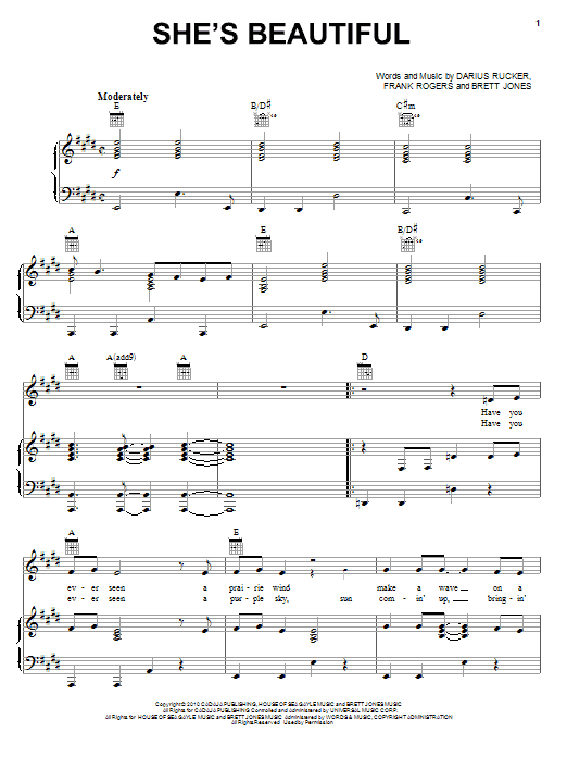 Learn to play Darius Rucker She's Beautiful sheet music for Piano, Vocal & Guitar (Right-Hand Melody) in minutes. Darius Rucker She's Beautiful sheet music notes and chords. Download Printable PDF.