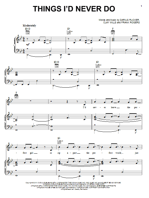 Learn to play Darius Rucker Things I'd Never Do sheet music for Piano, Vocal & Guitar (Right-Hand Melody) in minutes. Darius Rucker Things I'd Never Do sheet music notes and chords. Download Printable PDF.