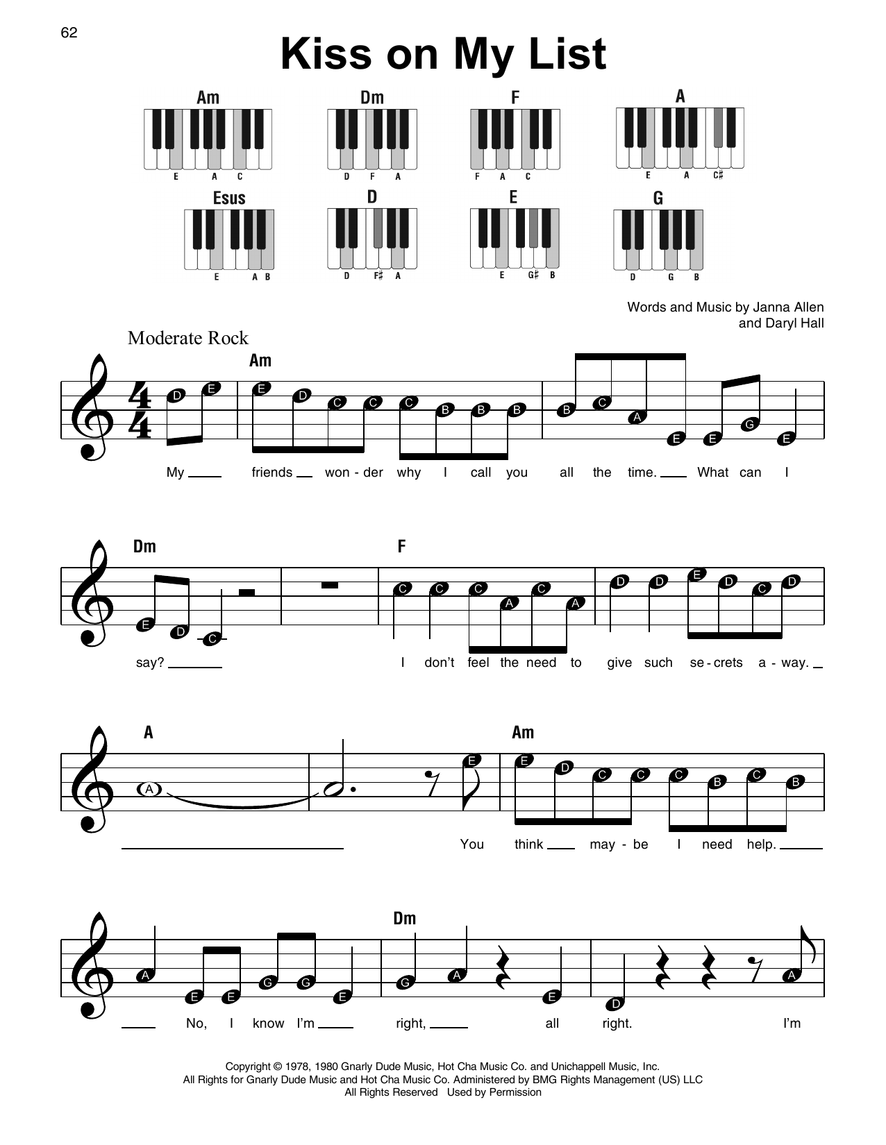 Daryl Hall & John Oates Kiss On My List sheet music notes and chords. Download Printable PDF.