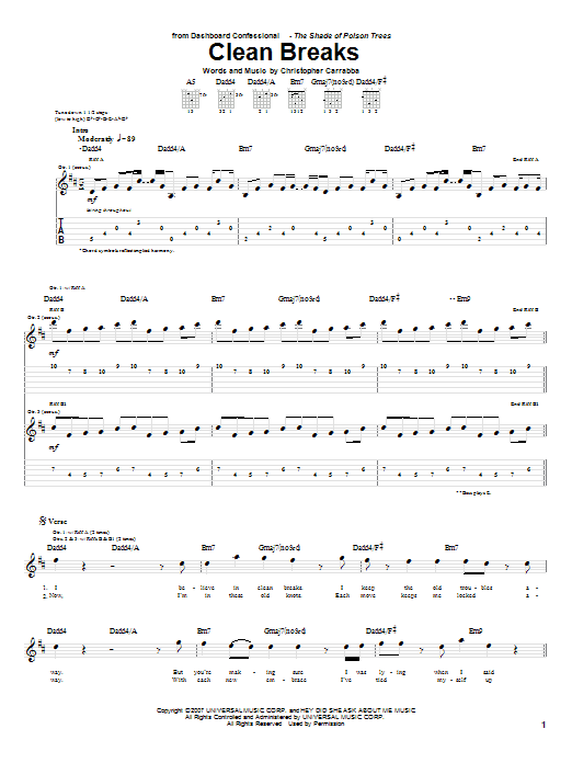 Learn to play Dashboard Confessional Clean Breaks sheet music for Guitar Tab in minutes. Price: 7.8900$ Dashboard Confessional Clean Breaks sheet music notes and chords arranged for Guitar Tab