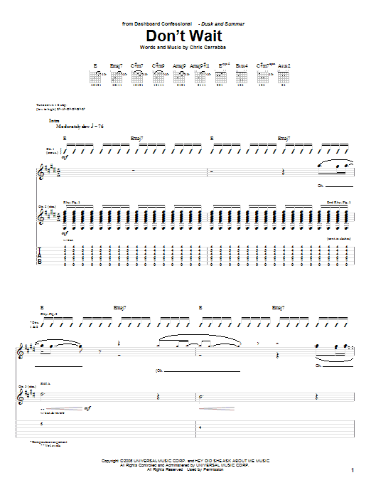 Dashboard Confessional Don't Wait sheet music notes and chords arranged for Guitar Tab