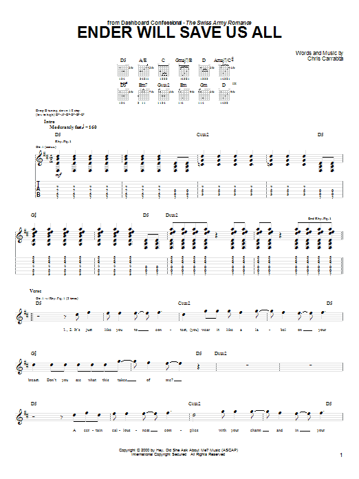 Dashboard Confessional Ender Will Save Us All sheet music notes and chords. Download Printable PDF.