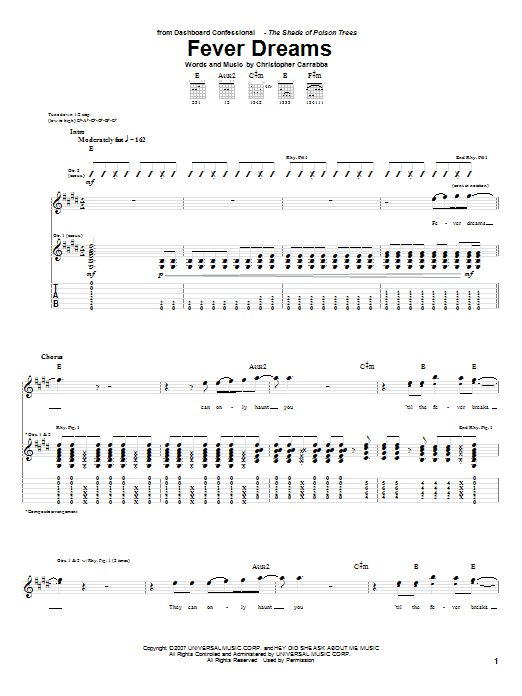 Learn to play Dashboard Confessional Fever Dreams sheet music for Guitar Tab in minutes. Price: 7.8900$ Dashboard Confessional Fever Dreams sheet music notes and chords arranged for Guitar Tab