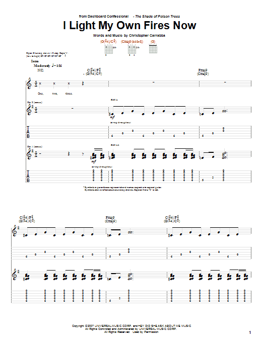 Learn to play Dashboard Confessional I Light My Own Fires Now sheet music for Guitar Tab in minutes. Price: 7.8900$ Dashboard Confessional I Light My Own Fires Now sheet music notes and chords arranged for Guitar Tab