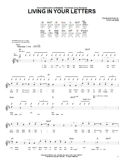 Dashboard Confessional Living In Your Letters sheet music notes and chords. Download Printable PDF.