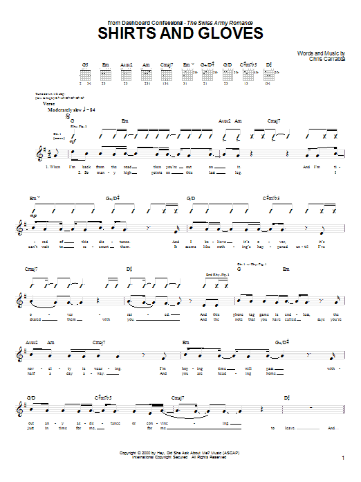 Dashboard Confessional Shirts And Gloves sheet music notes and chords. Download Printable PDF.