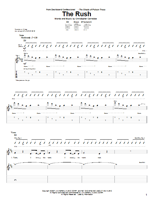 Learn to play Dashboard Confessional The Rush sheet music for Guitar Tab in minutes. Price: 7.8900$ Dashboard Confessional The Rush sheet music notes and chords arranged for Guitar Tab