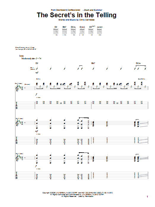 Learn to play Dashboard Confessional The Secret's In The Telling sheet music for Guitar Tab in minutes. Price: 7.8900$ Dashboard Confessional The Secret's In The Telling sheet music notes and chords arranged for Guitar Tab