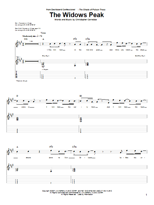 Learn to play Dashboard Confessional The Widows Peak sheet music for Guitar Tab in minutes. Price: 7.8900$ Dashboard Confessional The Widows Peak sheet music notes and chords arranged for Guitar Tab