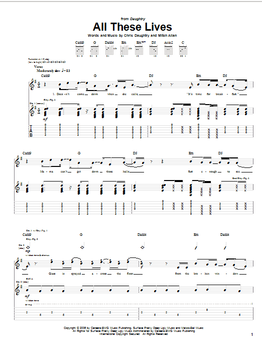 Learn to play Daughtry All These Lives sheet music for Guitar Tab in minutes. Price: 7.8900$ Daughtry All These Lives sheet music notes and chords arranged for Guitar Tab