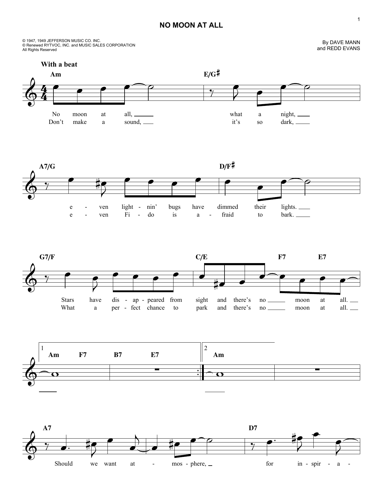 Dave Mann No Moon At All sheet music notes and chords. Download Printable PDF.