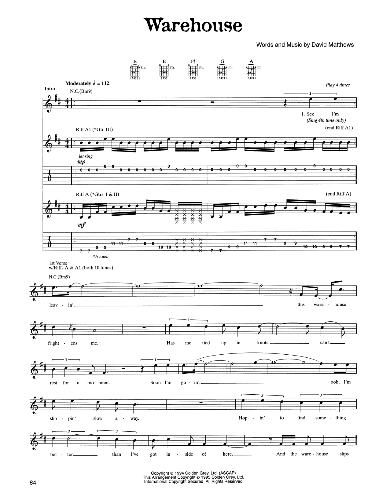 Dave Matthews Band Warehouse sheet music notes and chords. Download Printable PDF.