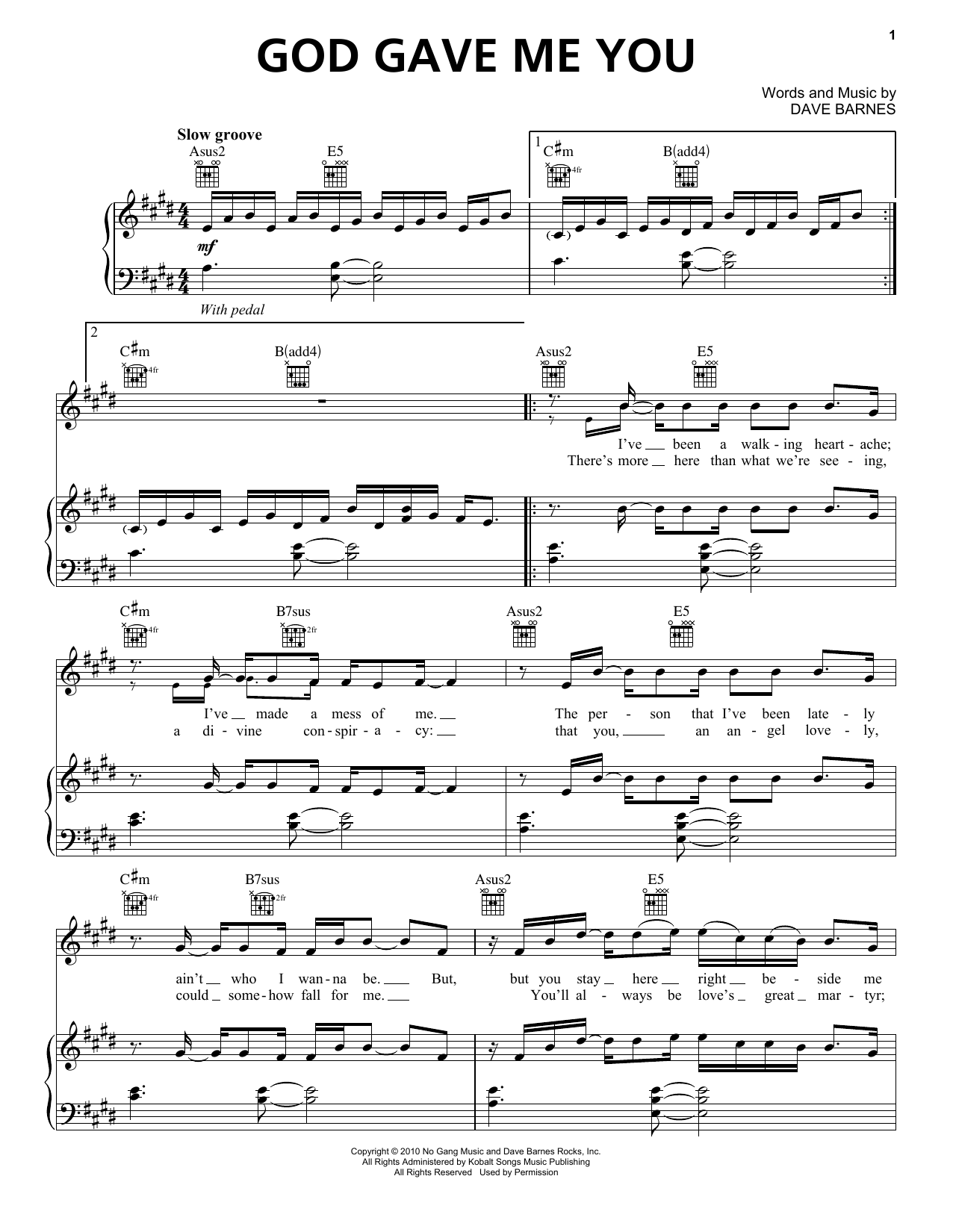 Dave Barnes God Gave Me You Sheet Music Notes Chords