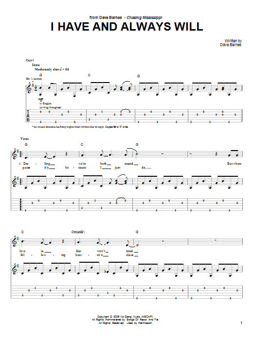 Dave Barnes I Have And Always Will sheet music notes and chords arranged for Guitar Tab