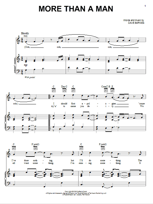 Learn to play Dave Barnes More Than A Man sheet music for Piano, Vocal & Guitar Chords (Right-Hand Melody) in minutes. Price: 6.9900$ Dave Barnes More Than A Man sheet music notes and chords arranged for Piano, Vocal & Guitar Chords (Right-Hand Melody)