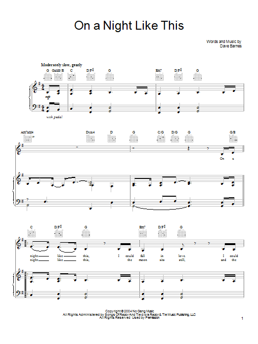 On A Night Like This Sheet Music Score By Dave Barnes Printable