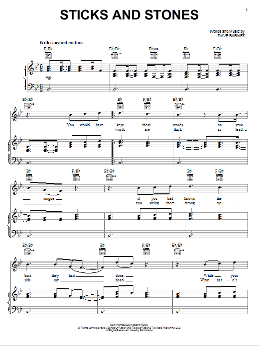 Dave Barnes Sticks And Stones sheet music notes and chords. Download Printable PDF.