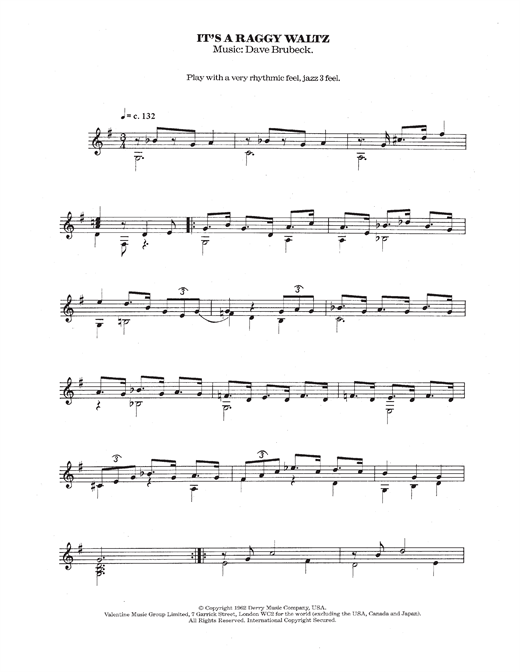 Learn to play Dave Brubeck It's A Raggy Waltz sheet music for Solo Guitar in minutes. Dave Brubeck It's A Raggy Waltz sheet music notes and chords. Download Printable PDF.