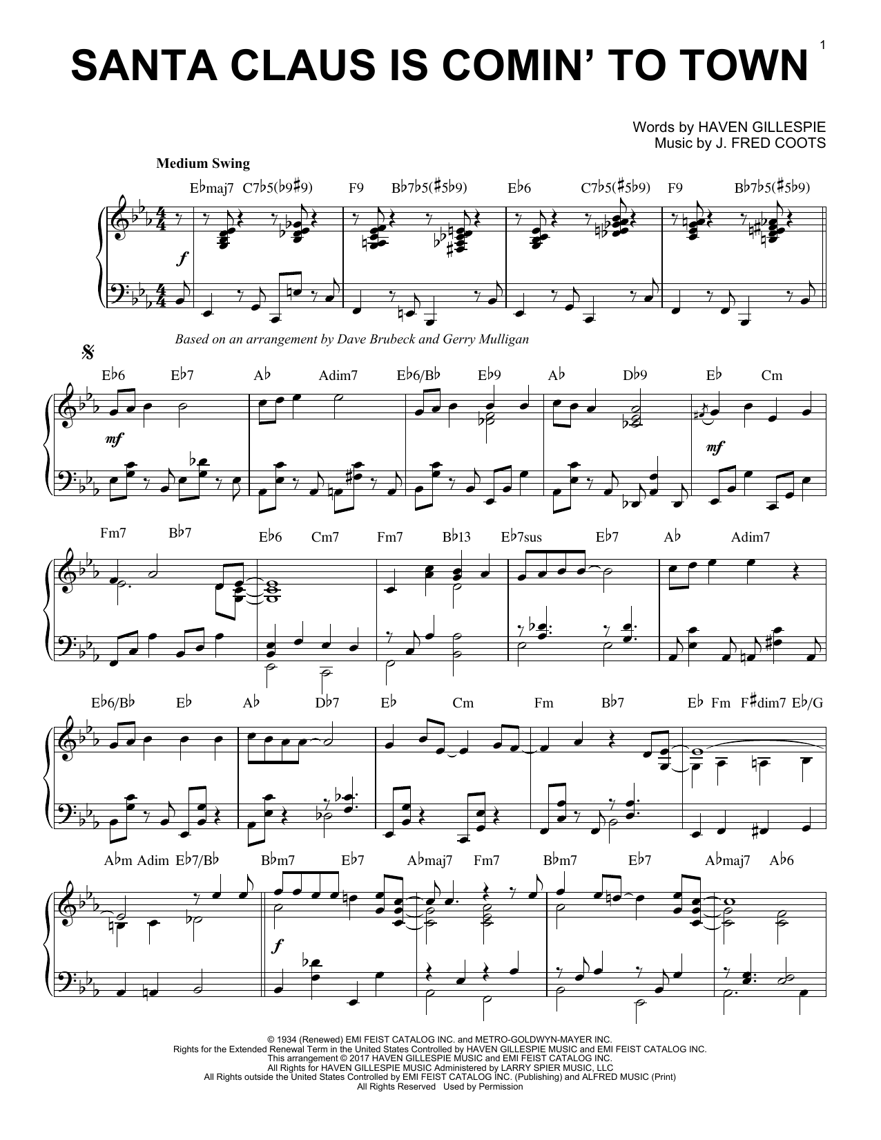 Dave Brubeck Santa Claus Is Comin To Town Sheet Music Notes Chords Download Printable Piano Solo Sku 181216