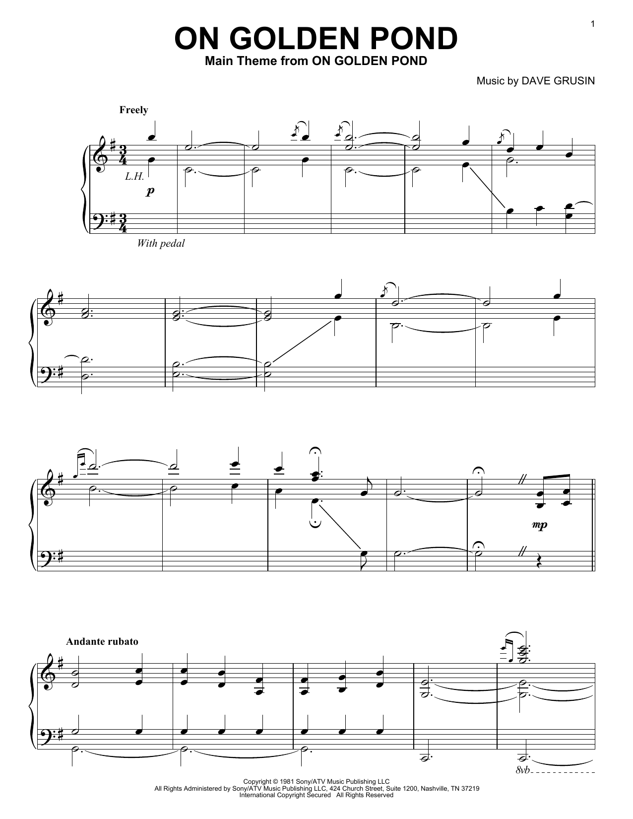 Dave Grusin On Golden Pond sheet music notes and chords. Download Printable PDF.