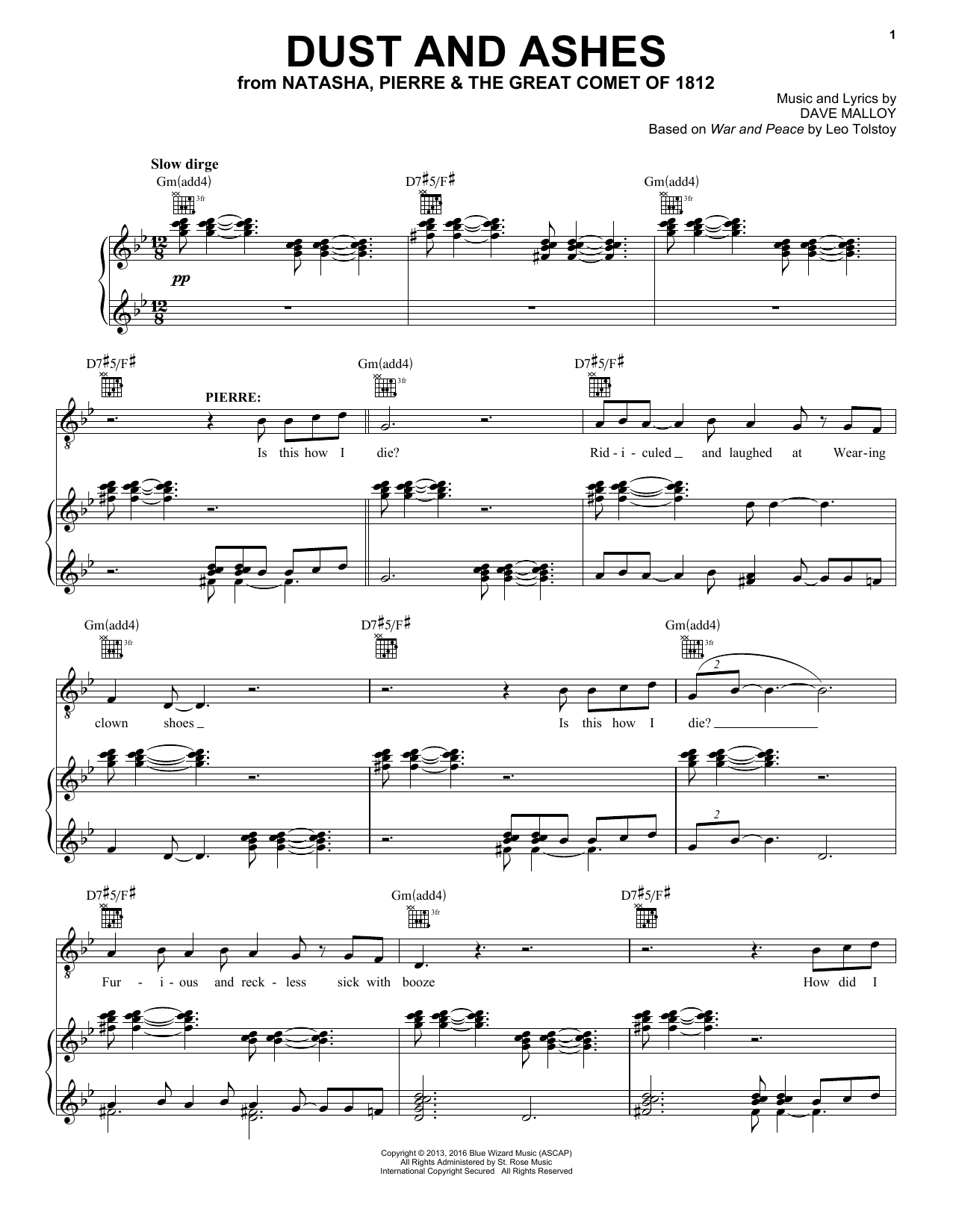 Dave Malloy Dust And Ashes Sheet Music Pdf Notes Chords Broadway Score Piano Vocal Guitar Right Hand Melody Download Printable Sku 250294