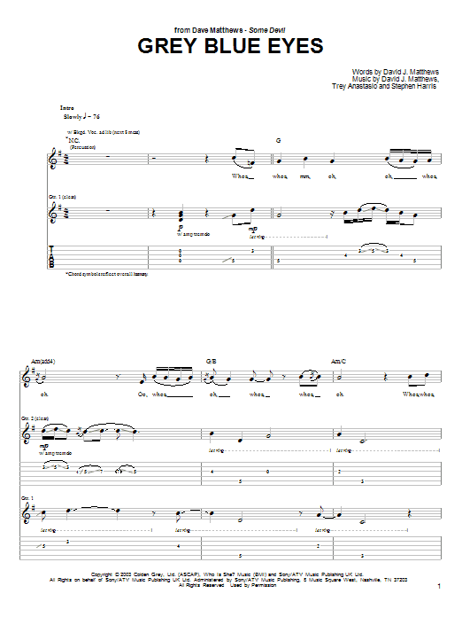 Preview Dave Matthews Grey Blue Eyes Rock sheet music, notes and chords for Guitar Tab, SKU: 27115 sheet music, piano notes, chords, guitar tabs, score, transpose, transcribe, how to play, guide, download, learn, tutorial, progression, song, artist, awards, billboard, mtv, vh1, tour, single, album, release