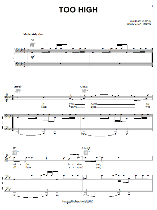 Dave Matthews Too High sheet music notes and chords. Download Printable PDF.