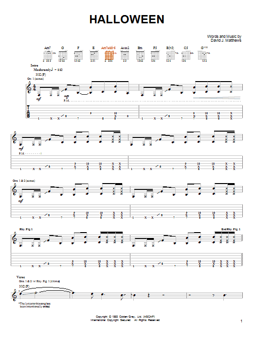 Dave Matthews & Tim Reynolds Halloween sheet music notes and chords. Download Printable PDF.