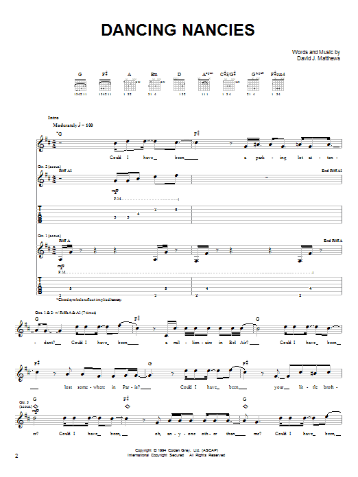 Dave Matthews Band Dancing Nancies sheet music notes and chords. Download Printable PDF.