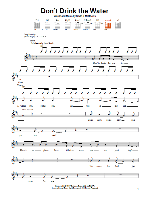 Learn to play Dave Matthews Band Don't Drink The Water sheet music for Guitar with Strumming Patterns in minutes. Dave Matthews Band Don't Drink The Water sheet music notes and chords. Download Printable PDF.