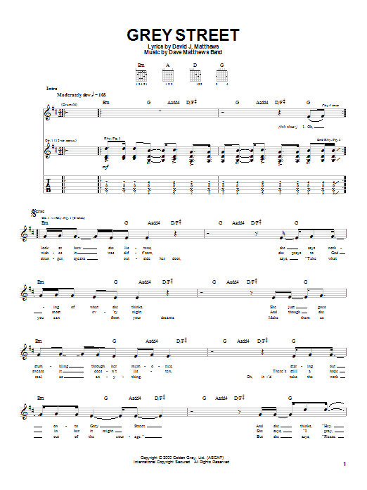 Dave Matthews Band Grey Street sheet music notes and chords. Download Printable PDF.