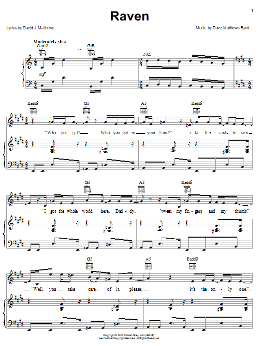 Dave Matthews Band Raven sheet music notes and chords. Download Printable PDF.