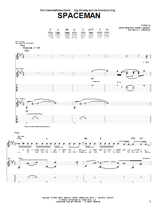 Dave Matthews Band Spaceman sheet music notes and chords. Download Printable PDF.