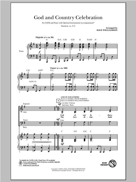 Learn to play Dave Williamson God and Country Celebration (Medley) sheet music for SATB Choir in minutes. Price: 3.9900$ Dave Williamson God and Country Celebration (Medley) sheet music notes and chords arranged for SATB Choir