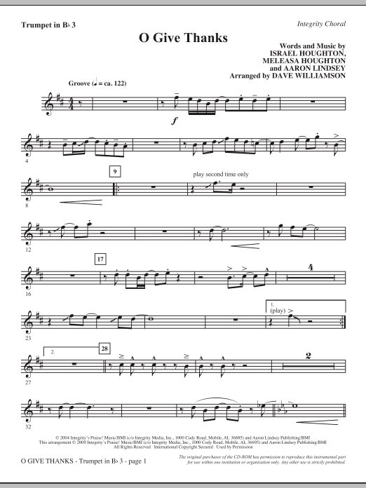 Learn to play Dave Williamson O Give Thanks - Bb Trumpet 3 sheet music for Choir Instrumental Pak in minutes. Dave Williamson O Give Thanks - Bb Trumpet 3 sheet music notes and chords. Download Printable PDF.