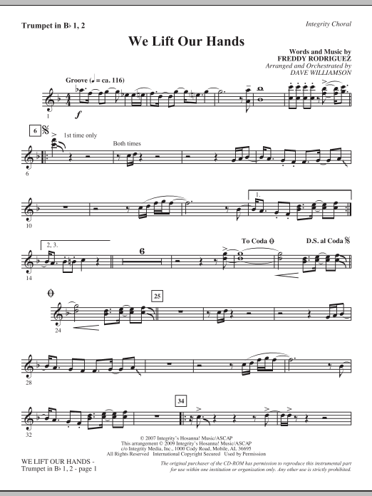 Learn to play Dave Williamson We Lift Our Hands - Bb Trumpet 1,2 sheet music for Choir Instrumental Pak in minutes. Dave Williamson We Lift Our Hands - Bb Trumpet 1,2 sheet music notes and chords. Download Printable PDF.