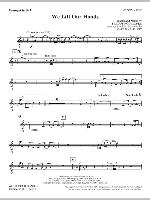 Learn to play Dave Williamson We Lift Our Hands - Bb Trumpet 3 sheet music for Choir Instrumental Pak in minutes. Dave Williamson We Lift Our Hands - Bb Trumpet 3 sheet music notes and chords. Download Printable PDF.