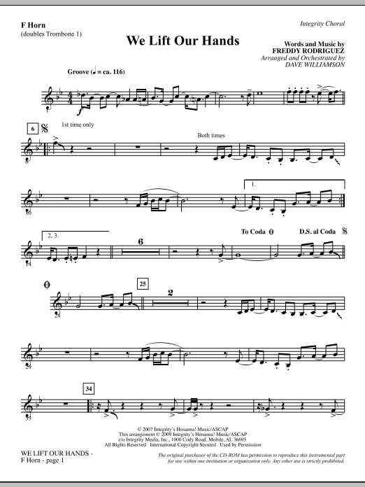 Learn to play Dave Williamson We Lift Our Hands - F Horn sheet music for Choir Instrumental Pak in minutes. Dave Williamson We Lift Our Hands - F Horn sheet music notes and chords. Download Printable PDF.