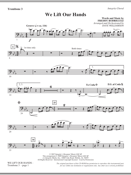Learn to play Dave Williamson We Lift Our Hands - Trombone 3 sheet music for Choir Instrumental Pak in minutes. Dave Williamson We Lift Our Hands - Trombone 3 sheet music notes and chords. Download Printable PDF.