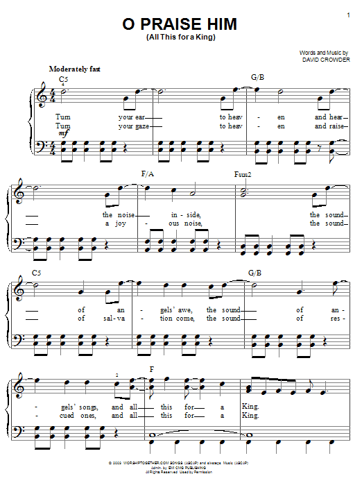 David Crowder Band O Praise Him (All This For A King) sheet music notes and chords. Download Printable PDF.