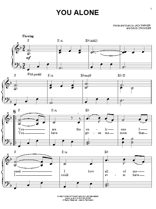 Learn to play David Crowder You Alone sheet music for Easy Piano in minutes. Price: 6.9900$ David Crowder You Alone sheet music notes and chords arranged for Easy Piano