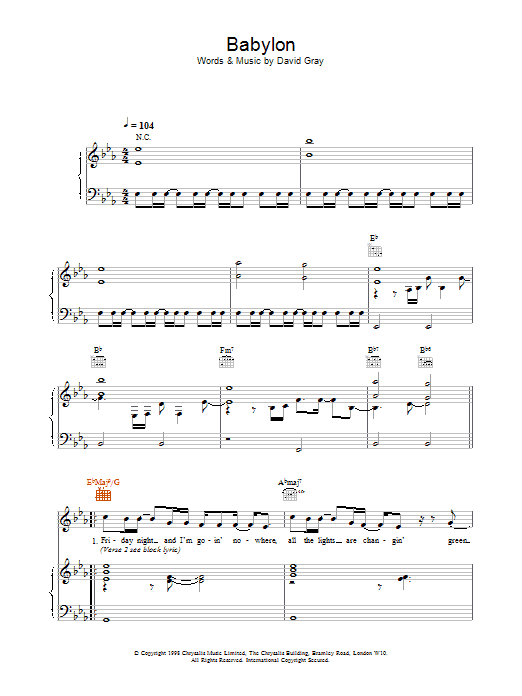 David Gray Babylon sheet music notes and chords - Download Printable PDF and start playing in minutes.