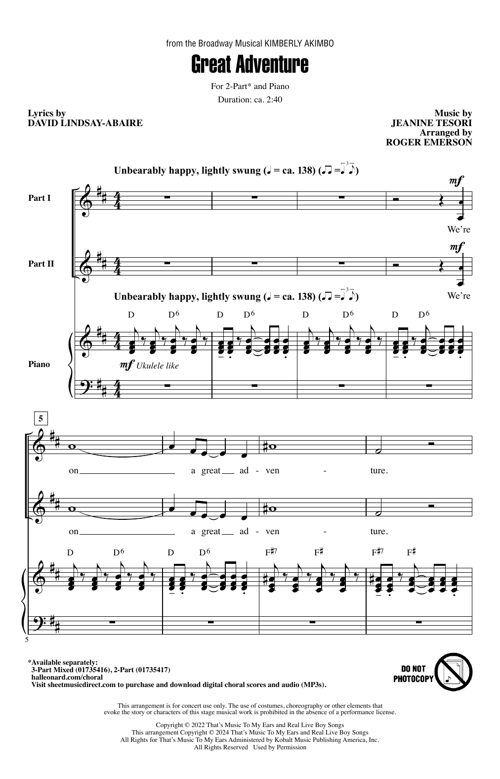 David Lindsay-Abaire and Jeanine Tesori Great Adventure (from Kimberkly Akimbo) (arr. Roger Emerson) sheet music notes and chords. Download Printable PDF.