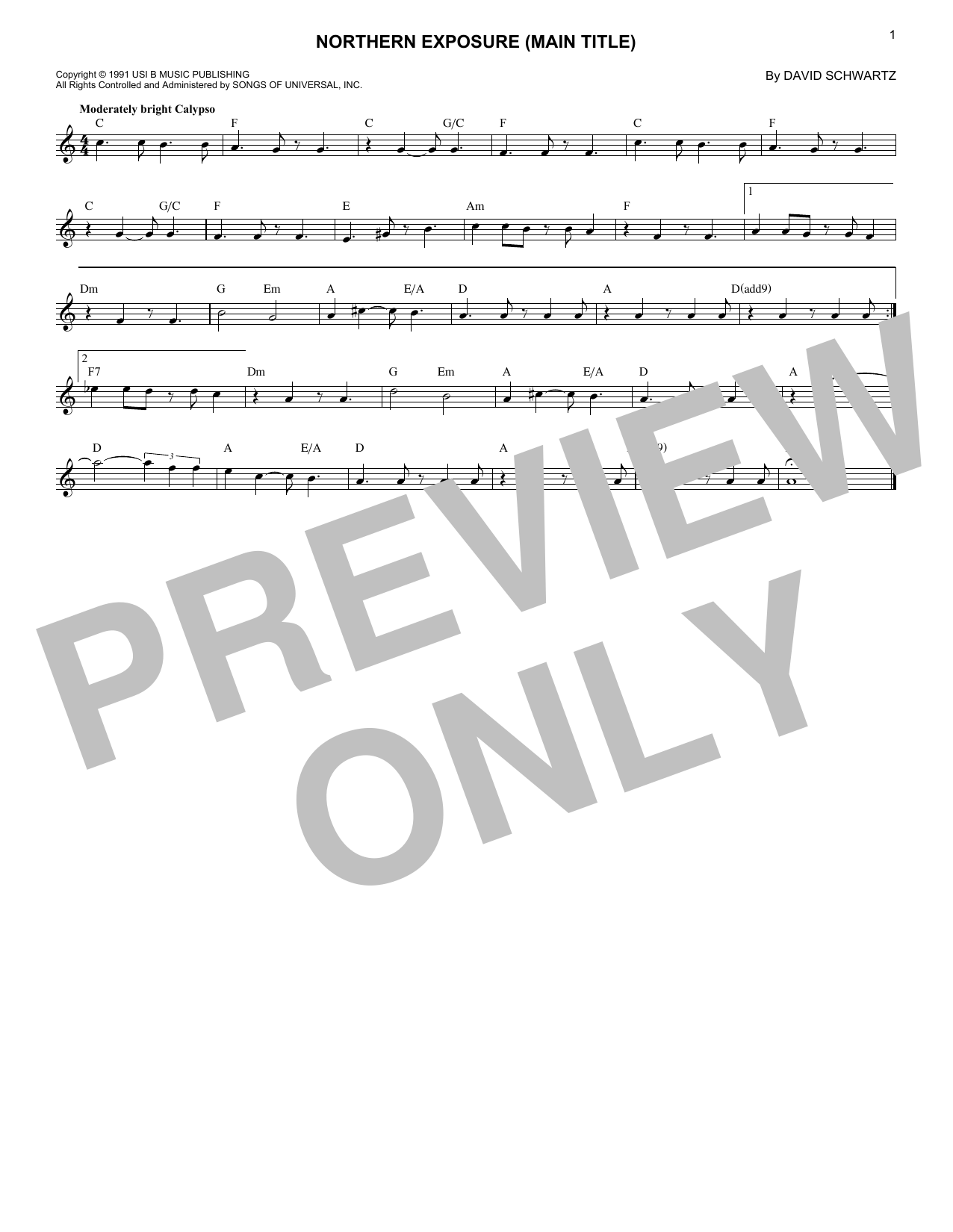 David Schwartz Northern Exposure (Main Title) sheet music notes and chords - Download Printable PDF and start playing in minutes.